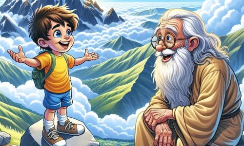 Un niño de 6 años, Lucas, con cabello castaño desordenado y ojos brillantes de curiosidad, se encuentra en la cima de una majestuosa montaña. Lleva una camiseta amarilla brillante y un pantalón corto azul, y su rostro expresa gran alegría y asombro mientras admira el paisaje. Cerca, un anciano sabio, de unos 70 años, con una larga barba blanca y gafas redondas, está sentado en una roca. Viste una túnica beige y un sombrero de paja, y sonríe suavemente a Lucas, compartiendo su sabiduría. El lugar es una alta montaña, rodeada de nubes esponjosas y vastos valles verdes. El cielo es de un azul brillante, salpicado de algunas nubes blancas, y el sol brilla, iluminando el paisaje. La escena principal muestra a Lucas, con los brazos abiertos, maravillándose ante la belleza del mundo que lo rodea, mientras el anciano lo observa con benevolencia, listo para compartir sus enseñanzas sobre la vida y la búsqueda de la felicidad.