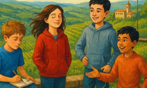 Quattro ragazzi su una collina panoramica: Leo, 11 anni, capelli castano chiaro spettinati, maglietta blu e taccuino in mano, seduto su un massetto di pietra a sinistra che scrive guardando la valle; Sara, 11 anni, capelli castani lunghi mossi dal vento, giacca rossa, in piedi al centro appoggiata al muretto con gli occhi chiusi e un sorriso; Milo, quasi 12 anni, capelli neri corti, felpa grigia, a destra con una mano sul fianco e l'altra che tiene cuffie piegate, sguardo divertito; Giorgi, locale di circa 11 anni, capelli neri e pantaloni consumati, in piedi vicino a un sentiero sterrato che invita verso un monastero; sullo sfondo terrazze di vigneti, case color crema, un monastero di pietra chiara, cielo mattutino azzurro pallido, luce dorata del sole basso, atmosfera di viaggio e amicizia, dettaglio di churchkhela appeso a una borsa e un'altalena di legno a un albero, colori caldi e texture che ricordano la pittura acrilica.