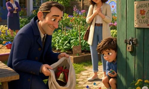 Un detective calmo e sorridente, volto rotondo con sottili rughe, cappotto blu scuro e taccuino in tasca, è inginocchiato vicino a una panchina tenendo un sacchetto di stoffa aperto con una campanella di ottone avvolta in un nastro rosso; Tommaso, circa 6 anni, capelli castani corti, è accovacciato dietro un capanno verde con espressione timida e alcune biglie colorate in mano; la madre di circa 30 anni, volto dolce e giacca chiara, sta vicina con le mani sul cuore, sollevata ma cauta; la maestra di circa 35 anni, capelli raccolti, sorride osservando dalla porta della scuola; luogo: giardino scolastico luminoso con aiuole fiorite, orto, panchina usata, capanno con lucchetto, sabbiera e sentiero di ciottoli, cielo azzurro; situazione: scoperta tranquilla — il detective trova la campanella in un sacco rotto sotto la panchina, con biglie sparse e un limone giallo vicino, luce calda del mattino e atmosfera rassicurante.