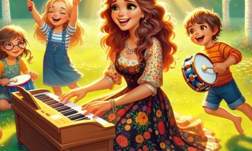 Sofia è una musicista gioiosa, una donna di circa trent'anni, con lunghi capelli castani ondulati e un sorriso splendente. Indossa un vestito colorato con motivi floreali e si trova in piedi vicino al suo pianoforte portatile, le mani sulle tastiere, gli occhi scintillanti di entusiasmo. Anna, una bambina di 8 anni con due trecce bionde e occhiali tondi, è seduta sull'erba, tiene un tamburello e sorride con eccitazione. Marco, un ragazzo di 9 anni con capelli castani e lentiggini, è accanto a lei, agitando un tamburo con entusiasmo, gli occhi brillanti di gioia. Il luogo è un parco verde, illuminato dalla luce dorata del sole, con grandi alberi dalle foglie vibranti e fiori colorati che danzano nel vento. I bambini sono seduti in cerchio attorno a Sofia, creando un'atmosfera di amicizia e felicità. La scena principale mostra Sofia mentre suona una melodia coinvolgente sul suo pianoforte, mentre i bambini l'ascoltano attentamente, impazienti di partecipare e suonare i loro strumenti, riempiendo l'aria di musica e risate.