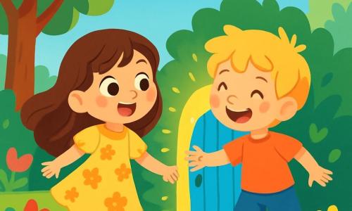 Una bambina di 4 anni, con lunghi capelli castani e occhi scintillanti di curiosità, si trova davanti a una piccola porta blu scintillante, il suo volto radioso di meraviglia e gioia. Indossa un vestito giallo a fiori che danza intorno a lei nella leggera brezza. Accanto a lei, un bambino di 5 anni di nome Leo, con capelli biondi spettinati e un grande sorriso, le porge la mano, pronto a portarla in un'avventura magica. Lo scenario è un giardino lussureggiante, pieno di fiori colorati con petali brillanti, grandi alberi con foglie verdi e un cielo blu chiaro punteggiato di nuvole bianche e soffici. La piccola porta, nascosta dietro un cespuglio, brilla di una luce dorata, attirando l'attenzione dei due bambini. La scena principale mostra Mia e Leo, mano nella mano, pronti a varcare la porta del tempo, i loro volti illuminati dall'eccitazione e dall'anticipazione di scoprire un mondo nuovo e meraviglioso.