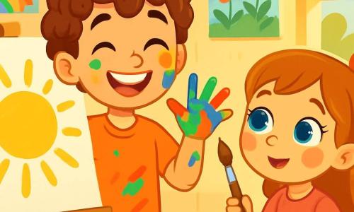 A young man named Leo, with soft eyes and curly brown hair, joyfully stands in front of a white canvas. He has a bright smile and hands covered in colorful paint. Leo is painting a large yellow sun, his features filled with enthusiasm and creativity. Next to him, Mia, a 7-year-old girl with big blue eyes and rosy cheeks, watches in wonder. She holds a brush in her hand and seems eager to join in the creation. The setting is a bright studio with walls decorated with colorful paintings. Vivid paint pots are scattered on a wooden table, and sunlight streams through the window, warming the scene. The main situation shows Leo and Mia creating a joyful artwork together, filled with bright colors and smiles, symbolizing friendship and the magic of art.