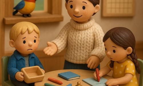 Eine lächelnde, wohlwollende Lehrerin mit hochgesteckten braunen Haaren und cremefarbenem Grobstrickpullover streckt den Kindern helfend die Hand; links sitzt ein fünfjähriger blonder Junge mit blauer Jacke und leerer Brotdose auf dem Schoß, etwas traurig, rechts ein vierjähriges Mädchen mit braunen Zöpfen und gelbem, gepunktetem Kleid, das nach einem roten Stift greift. Auf der Fensterbank draußen ein kleines buntes Vogelchen mit glänzendem Schnabel, das einen funkelnden Metallgegenstand hält. Der helle Klassenraum hat pastellbemalte Holzstühle, einen runden Tisch voller Stifte, Hefte und einer kleinen goldenen Glocke sowie einen bunten Wandkalender; Stimmung ruhig und kooperativ, dioramaartige Holz- und Wolltexturen, warme Farben und sanfte Kontraste.