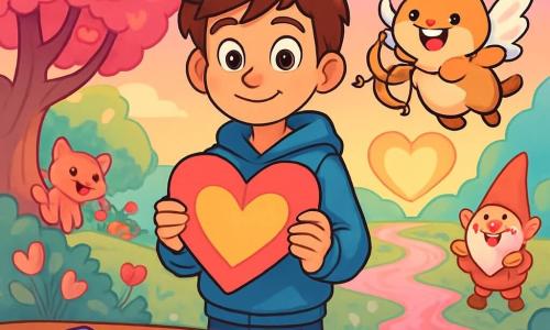A 12-year-old boy, Max, with messy brown hair and sparkling curious eyes, stands at the center of the scene, a shy smile on his face. He wears a blue hoodie and jeans, holding a large colorful heart-shaped card in his hands, ready to share it. Next to him is an adorable little being, Cupid Junior, a hamster-shaped character with sparkling wings and a shiny bow tie, joyfully flying around him with a big smile. The setting is in the enchanted city of Heartwood, where sugar-flowered trees and sparkling strawberry milk rivers shine under a pastel sky. Joyful creatures, like Pixie-Pups and Gigglegnomes, bustle around them, adding to the festive atmosphere. The main scene shows Max and CJ, the little Cupid, preparing colorful Valentine's cards for their friends, surrounded by laughter and magic, while the heart of Heartwood shines brightly in the background, symbolizing the spirit of friendship and kindness.