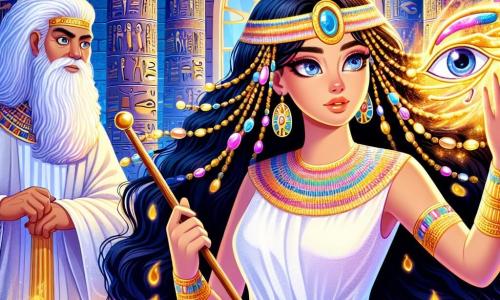 Nefertari, eine etwa 20-jährige ägyptische Frau, steht im Mittelpunkt der Szene mit langen schwarzen Haaren, die mit goldenen Perlen geschmückt sind. Sie trägt ein weißes Leinenkleid, das mit goldenen Mustern bestickt ist, und ihr Gesicht strahlt Entschlossenheit aus, während ihre Augen vor Mut leuchten. Neben ihr steht Amun, ein 60-jähriger Mann mit einem langen grauen Bart und von Weisheit gezeichneten Falten, der aufmerksam zusieht und einen geschnitzten Holzstock hält. Sie befinden sich im majestätischen geheimen Raum des Tempels von Karnak, der mit antiken Schätzen, Säulen, die mit Hieroglyphen verziert sind, und goldenem Licht von Fackeln gefüllt ist. Die Hauptszene zeigt Nefertari, die das Auge des Horus, ein strahlendes Schmuckstück in lebhaften Farben, erhebt, während sie von einem magischen Energiewolke umgeben ist, die den Raum in mystisches Licht taucht, während ein dunkler Zauberer aus dem Schatten auftaucht, bereit, ihre Macht herauszufordern.