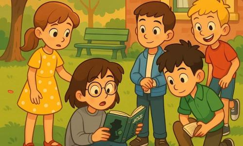 Há cinco personagens: Tomás (11 anos) — cabelo castanho curto, rosto sereno, jaqueta azul-clara, em pé à direita com os braços cruzados olhando calmamente para André; Miguel (10 anos) — cabelo preto bagunçado, caderno na mão, camisa verde, à direita de Tomás inclinado observando os livros; Lucas (10 anos) — cabelo loiro, sorriso malicioso, camiseta vermelha, um pouco atrás à direita, ponta do pé apontada para uma cadeira como se tivesse acabado de correr; Sofia (9 anos) — cabelo castanho-claro em rabo de cavalo, vestido amarelo de bolinhas brancas, à esquerda junto a André com a mão no ombro do irmão, olhar preocupado mas reconfortante; André (12 anos) — cabelo castanho médio, óculos redondos, jeans e moletom cinza, deitado na grama ao centro cercado por uma pilha de livros abertos segurando um livro de detetive. Local: jardim da biblioteca ao fim da tarde, relva aparada, algumas árvores de folhas arredondadas, banco de madeira verde, janela com cortina clara ao fundo, luz dourada suave, poucas folhas e pétalas no chão. Situação: cena de descoberta — André surpreso, os quatro amigos o reencontraram; expressões: surpresa em André, curiosidade em Miguel, calma reflexiva em Tomás, divertimento em Lucas, apoio afetuoso em Sofia; atmosfera calorosa e leve, cores vivas, traços nítidos e contornos suaves, estilo cartoon 2D, composição centrada na pilha de livros e nos olhares convergentes.