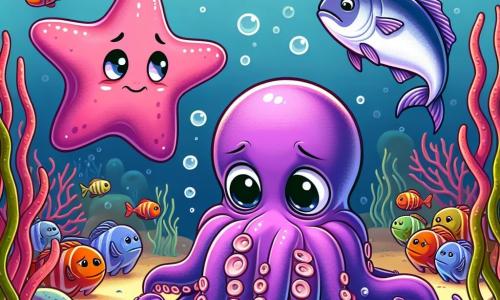 Een jonge octopus met lange, golvende tentakels in een stralende paarse kleur staat in het midden van de afbeelding, met ronde, glanzende ogen die diepe verdriet uitdrukken. Hij kijkt naar de grond, zijn armen om zijn lichaam gewikkeld, alsof hij zichzelf wil beschermen. Aan zijn rechterkant staat een glimlachende zeester met stervormige armen en een felle roze kleur, die steun en vastberadenheid uitstraalt. Ze steekt een van haar armen naar de octopus uit, klaar om hem aan te moedigen. Op de achtergrond kijkt een groep kleurrijke vissen, waaronder een grote zilveren makreel, naar de scène met spottende gezichten, wat een gespannen sfeer creëert. De setting is een onderwater school, met muren van kleurrijk koraal, zwevende luchtbellen en algen die zachtjes in het water golven, wat een zowel magische als onheilspellende ambiance creëert. De hoofd situatie toont de octopus die zich geïsoleerd en verdrietig voelt door de spot van de andere vissen, terwijl de zeester zijn vriendschap en steun aanbiedt, wat het thema van de belangrijkheid van solidariteit tegen pesten illustreert.