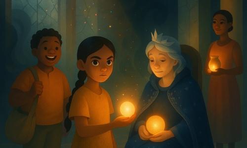 Lila, about 12, resolute and bright-eyed with braided black hair and a simple ochre dress, offers a small warm glowing sphere to the queen; the queen, around 45, tired but softly illuminated, crown of leaves askew, in a dark blue silver-embroidered cloak sits on a high chair in the Hall of Mirrors with the sphere on her lap; Kofi, about 13, round-faced and cheerful, stands behind Lila with a canvas satchel, supporting her with a smile; Amina, a 30-year-old potter with copper skin and short hair, stands by a column holding a glossy clay jar, proud and kind; the tall hall has cracked silver mirrors and a red-and-ochre geometric mosaic floor, dim light pierced by the sphere’s rays that scatter colorful reflections as the sphere dispels a dark vegetal mist in a warm, mystical, restorative moment.