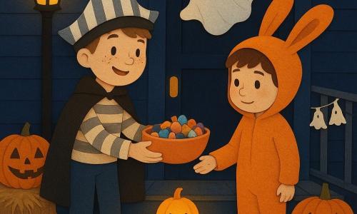 A 10-year-old boy named Max, smiling but alert, round freckled face, striped paper captain’s hat, striped shirt and soft black cape, holds a large bowl of candy and offers it; beside him another ~10-year-old, Eli, shy then joyful, in a fuzzy orange bunny costume with droopy ears, stands on the step helping distribute candy with a small open hand; a pumpkin-colored living lantern called Lumen moves on wire legs, wears a felt bow tie and emits a warm steady light at child height at the step’s edge; a repaired paper ghost, crumpled white with visible tape, floats on the railing; the porch and house have navy-blue painted wooden boards, bright carved pumpkins on the steps, a light straw bale, a garland of paper ghosts on the rail, yellow street lamps and scattered russet leaves; the mood is a warm, welcoming Halloween night with strong contrast between deep blue shadows and warm yellow lights, visible cut-paper textures and stylized cast shadows, conveying camaraderie and festivity.