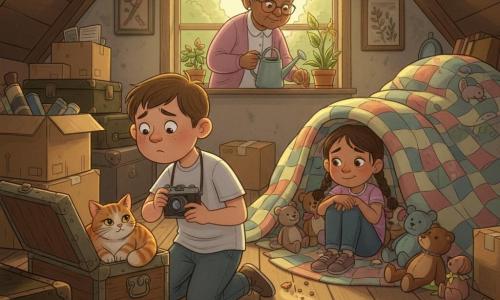 A 10-year-old boy with a round freckled face and furrowed brow kneels in a dusty attic holding a small notebook and camera, peering at an open metal biscuit tin; his 7-year-old cousin Lily, playful and embarrassed with chestnut pigtails, sits behind a pile of blankets with stuffed animals in a circle, hands clasped on her knees; their gray-haired grandmother, hair in a bun and a gentle smile, watches from the garden visible through a skylight while holding a watering can; the orange tabby cat Marmalade lounges on an old trunk; the cluttered attic has warm wooden boards, stacked boxes, old suitcases and scattered buttons, yellow shafts of light through dust, and a tender, slightly mysterious atmosphere centered on the discovery of an empty biscuit tin on a wooden chest with sticky crumbs trailing toward the quilts.