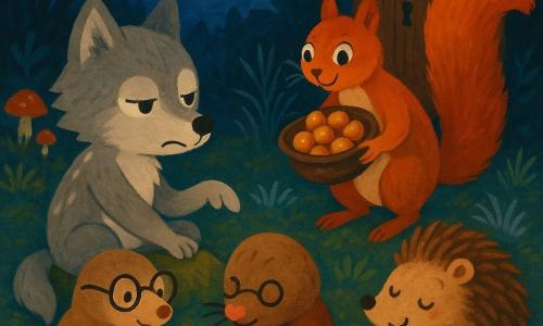 Little Wolf, main character: young anthropomorphic wolf with soft gray fur and white patches, stubborn-yet-tender expression, half-closed eyes, pretending to press an invisible button with a paw while sitting on a moss cushion; Prickles, secondary hedgehog: small round brown-spiked hedgehog, sleepy smile, lying on his side with a paw near a star-shaped biscuit to Little Wolf’s right; Saffron, secondary squirrel: bright red squirrel with a bushy tail and playful, sly face, holding a hat full of glowing hazelnuts, standing behind the friends’ circle; Marnie, secondary mole: small mole with round glasses and cream-brown fur, focused gentle air, seated cross-legged holding an open biscuit box to the left of the group; Setting: nocturnal forest clearing with green moss, colorful mushrooms and silvered grasses under a full moon, an old weathered wooden wardrobe with a small keyhole and an almost-living expression in the background; Scene: animals in a friendly circle with tails and paws touching, sharing star biscuits, warm calm mood, Little Wolf miming “standby” as the others slowly close their eyes, soft light, textured gouache contrasts, palette of midnight blues, moss greens, warm ochres and gold accents for the biscuits.