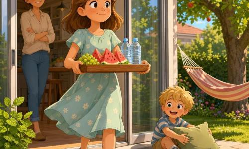 A 12-year-old girl with a round face and freckles, light brown shoulder-length hair and a focused, proud expression holds a wooden tray of grapes, watermelon slices and two water bottles as she walks slowly through an open sliding glass door; her about-6-year-old brother with tousled blond hair sits slightly back near the door playing with a fort pillow and smiling to keep the way clear, while their mother, about 35, hair in a bun and dressed casually, watches from the kitchen with an encouraging smile a few steps behind. The setting is the threshold of a suburban house opening onto a bright summer garden with light stone paving, a striped hammock under an old apple tree, green grass, a pot of mint on the step and golden late-afternoon sunlight. The scene conveys a quiet, brave moment as the breeze lifts the girl's light dress and leaf shadows dance on the ground, suggesting shared space and summer softness; palette of warm tones (golden yellow, mint green, watermelon pink), sharp cartoony textures, soft cel-shaded shadows, focus on expressions and the light streaming through the door.