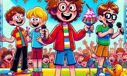 In the center of the image, four boys stand on a colorful challenge stage, surrounded by an enthusiastic audience. Benny, a 10-year-old with curly hair and high energy, wears a red t-shirt and blue shorts. He is in the foreground, smiling widely, holding a dripping spaghetti sundae in one hand and a microphone in the other. Max, also 10, with glasses and messy brown hair, is slightly back, juggling colorful plastic chickens, with his impossible challenge recipe book at his feet. Ollie, a 10-year-old with a mischievous smile and blonde hair, is to Benny's right, laughing while trying to juggle two chickens, one red and one yellow, that fly off in opposite directions. Sam, a 10-year-old with brown hair and glasses, stands to the left, holding a sketchbook and drawing their exploits while laughing at the situation. The setting is a sunny park with lush trees and colorful balloons in the air. In the background, families and children laugh and applaud, creating a joyful and festive atmosphere. The main scene shows the boys in the midst of a hilarious challenge, with spaghetti and plastic chickens flying through the air, while a large sign reads "Wibbly-Wobble Silly Challenge" in colorful letters.