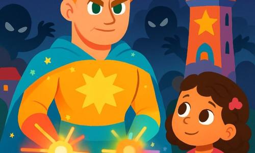 Ultraluz, um homem alto e musculoso, está no centro do palco, com cabelos dourados brilhantes e olhos verdes cheios de determinação. Ele usa uma capa azul-celeste salpicada de estrelas cintilantes e suas mãos emitem luzes coloridas. Ao seu lado, uma menina de 8 anos chamada Lila, com cabelos cacheados e castanhos, observa admirada, seus olhos brilhando de curiosidade. Ela segura um pequeno brinquedo quebrado, esperando que Ultraluz possa ajudá-la. Ao fundo, a torre da Cidade Brilhante, alta e colorida, ergue-se majestosa, com janelas em forma de estrelas e paredes pintadas de cores vivas. A cena acontece enquanto um grupo de criaturas sombrias tenta apagar as luzes da cidade, criando uma atmosfera de tensão e mistério. Ultraluz, pronto para defender sua cidade, se prepara para liberar uma explosão de luz para repelir os invasores.