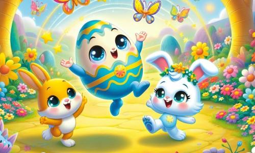 Uovoletto, un piccolo uovo di Pasqua colorato di blu e giallo con un grande sorriso e occhi scintillanti, danza gioiosamente al centro della scena, circondato da fiori multicolori che sembrano cantare. Accanto a lui, Pasqualino, un adorabile coniglietto dalle grandi orecchie e pelliccia bianca, salta con entusiasmo, tenendo una carota magica tra le zampe anteriori, il suo volto radioso di felicità. Farfallina, una bella farfalla dalle ali colorate, vola intorno a loro, le sue ali brillano sotto il sole, mentre sorride con meraviglia. La scena si svolge in una radura incantata, piena di fiori vibranti, alberi dai tronchi dorati e un cielo azzurro chiaro punteggiato di nuvole soffici. In lontananza, animali curiosi si radunano per ammirare lo spettacolo. La situazione principale mostra Uovoletto e i suoi amici che preparano uno spettacolo di Pasqua gioioso, dove celebrano l'amicizia e la magia, in un'atmosfera festosa e colorata.