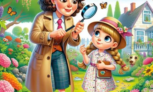 Dona Clara, uma mulher detetive de cinquenta anos, tem cabelos castanhos cacheados e segura uma lupa em uma das mãos. Ela está vestida com um trench coat colorido e um chapéu de detetive, mostrando uma expressão de concentração e determinação. Ela se inclina levemente para frente, observando atentamente o chão em busca de pistas. Ao lado dela, Lúcia, uma menina de oito anos, tem longos cabelos loiros trançados e usa um vestido florido. Ela observa com olhos maravilhados, segurando um pequeno caderno, pronta para anotar. Elas estão em um jardim ensolarado, repleto de flores coloridas e árvores majestosas. A cena principal mostra Dona Clara e Lúcia em busca de pistas de patas de gato, enquanto Lúcia aponta uma impressão na grama, animada para resolver o mistério de Bolinha, o gato desaparecido.