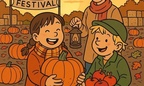 A joyful, wide-eyed 10-year-old girl with mid-length chestnut hair in braids, wearing an orange wool jacket and a plaid scarf, holds a large pumpkin against her small, soil-dusted hands; to her right a playful, smiling 9-year-old blond boy in a green beanie helps carry a basket of apples; slightly behind them a caring ~35-year-old mother with brown hair in a bun holds a rusty metal lantern and watches; they stand in a pumpkin patch at golden sunset—rows of bright orange pumpkins on brown earth, red and yellow leaves scattered, a few straw bales and a rustic festival banner in the background; the girl chooses the perfect Halloween pumpkin, wide smile, warm autumn atmosphere, saturated colors and visible textures (rough pumpkin skin, wool jacket, leaf veins).