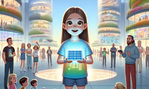 Una niña de 12 años, Clara, está en el centro de la escena, con largos cabellos castaños y ojos llenos de curiosidad. Lleva una camiseta colorida y un short, con un patinete flotante a sus pies, mostrando una expresión de emoción y determinación. A su derecha, su amigo Leo, un chico de 12 años con cabello rubio y gafas redondas, mira a Clara con admiración, sosteniendo un pequeño panel solar hecho en casa. El escenario es la plaza central de Neotrópoli, una ciudad futurista donde edificios de vidrio brillan bajo un cielo azul, rodeados de jardines verticales llenos de flores luminosas. Drones sobrevolan la escena, mientras familias se reúnen alrededor de stands tecnológicos. La situación principal muestra a Clara y Leo presentando su proyecto de paneles solares a un grupo de niños y adultos curiosos, todos cautivados por su entusiasmo e ideas innovadoras para un futuro sostenible.