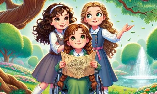 Im Zentrum des Bildes stehen drei Mädchen um einen großen majestätischen Baum, dessen Äste sich wie schützende Arme ausbreiten. Mia, ein 10-jähriges Mädchen mit lockigem braunem Haar und einem strahlenden Lächeln, hält eine alte Schatzkarte in den Händen. Sie steht voller Energie da, bereit für das Abenteuer. Rechts von ihr sitzt Clara, ein 11-jähriges Mädchen im Rollstuhl, mit geflochtenem blonden Haar und runden Brillen, die aufmerksam die Karte betrachtet, ihr Gesicht von Neugier erleuchtet. Links steht Emma, ein 10-jähriges Mädchen mit glattem kastanienbraunem Haar und funkelnden Augen, die skeptisch, aber amüsiert ihre Freundinnen beobachtet. Die Szenerie ist ein grüner Park mit bunten Blumen, die im Wind tanzen, und einem glitzernden Teich im Hintergrund. Die Szene fängt den Moment ein, in dem die drei Freundinnen den ersten Hinweis ihrer Suche entdecken, umgeben von der Magie der Natur und der Aufregung des bevorstehenden Abenteuers.