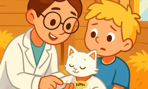 Een dierenarts, een vrouw van een dertig jaar met kastanjebruin haar in een knot en ronde brillen, buigt zich zachtjes over een wit kitten genaamd Luna. Ze heeft een warme glimlach en sprankelende ogen vol empathie, wat laat zien dat ze attent en geruststellend is. Naast haar houdt een 8-jarig jongetje, Sam, met rommelig blond haar en een blauwe t-shirt, het kitten in zijn armen, met een bezorgde maar hoopvolle blik. De scène speelt zich af in een lichte stal met lichte houten muren, verspreide hooi balen op de grond en zonnestralen die door de openingen filteren, wat een zachte en vredige sfeer creëert. De dierenarts onderzoekt voorzichtig de gewonde poot van Luna, omringd door stro kussens en een klein kommetje water in de buurt. De belangrijkste situatie toont de dierenarts die het kitten verzorgt met een zachte aandacht, terwijl Sam met bewonderende ogen toekijkt, klaar om te leren hoe hij voor zijn viervoetige vriend moet zorgen.