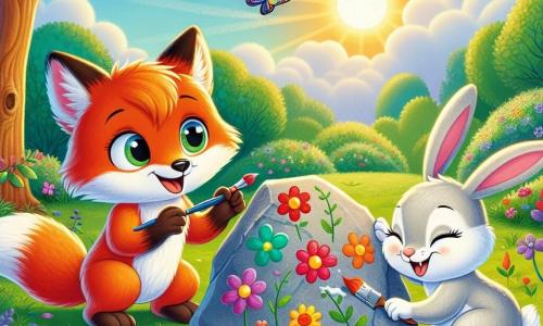A little fox named Finn, with bright orange fur and sparkling eyes full of joy, is painting a large rock with vibrant colors, a radiant smile on his face. Next to him, a small bunny named Bella, with white fur and long ears, is painting colorful flowers on another rock, showing an expression of concentration and happiness. The scene takes place in a green field, bathed in the golden light of the summer sun, surrounded by colorful flowers and tall trees with lush leaves. Shimmering butterflies flutter around them, adding a touch of magic to the environment. Finn and Bella are having fun together, laughing and sharing their creativity as they turn the rocks into true works of art under the blue sky.