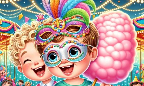 Een 3-jarig jongetje, Timmy, met blond, krullend haar, draagt een kleurrijk masker versierd met glitters en veren. Hij heeft een grote glimlach op zijn gezicht, met glinsterende ogen van opwinding, terwijl hij een enorme roze suikerspin in zijn hand houdt. Naast hem staat een 4-jarig jongetje, Pim, met bruin haar en een kleurrijk clownspak, die vrolijk lacht terwijl hij een stervormige ballon vasthoudt. Ze bevinden zich midden in een levendig park, versierd met lichtslingers en kleurrijke kraampjes, waar mensen in kostuums dansen en plezier hebben. De scène toont het carnaval, met kinderen die spelen rond een grote draaimolen die langzaam draait, gevuld met gelach en feestelijke muziek.