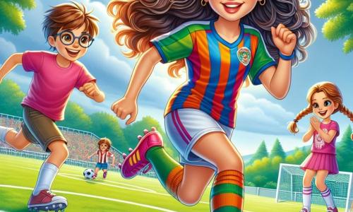 Giulia, una giovane donna dai lunghi capelli ricci, indossa una maglietta da calcio colorata e degli shorts. È piena di energia e gioia, sorridendo ampiamente mentre dribbla il pallone sul campo. Luca, un ragazzo di 10 anni con capelli castani e occhiali, è accanto a lei, con gli occhi spalancati per ammirazione, pronto a ricevere il passaggio. Sara, una ragazza di 9 anni con trecce e una maglietta rosa, applaude con entusiasmo, in piedi a bordo campo. Il luogo è un parco verde, con alberi maestosi sullo sfondo e un cielo blu brillante. Il campo è segnato da linee bianche e fiori colorati bordano il campo da gioco, aggiungendo un tocco di magia all'ambiente. La scena principale mostra Giulia in azione, dribblando il pallone con abilità, mentre Luca e Sara la incoraggiano, creando un'atmosfera di cameratismo e gioia attorno al gioco.