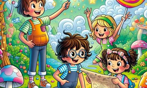 In una radura incantata del **Bosco delle Meraviglie Confuse**, quattro amici si trovano al centro della scena. **Lino**, un ragazzo di 10 anni con capelli arruffati e un camice pieno di tasche, brandisce un fischietto esploso in brillantini. Alla sua destra, **Sofia**, una ragazza di 9 anni con due trecce e un sorriso splendente, ride a crepapelle, le mani sui fianchi. **Marco**, un ragazzo sognatore di 11 anni con occhiali rotondi e una maglietta a motivi di nuvole, indica il cielo, immaginando draghi tra le nuvole. Infine, **Giulia**, una ragazza di 10 anni con capelli ricci e una fascia colorata, esamina la mappa del tesoro con un'espressione concentrata, seduta su un grosso fungo a forma di caramella. Il paesaggio è pieno di alberi dai tronchi di zucchero filato e foglie multicolori, mentre ruscelli d'acqua scintillante si snodano attorno a loro. Fiori cantano dolcemente in rima, e un ponte di liquirizia li collega a una montagna di enigmi. La scena principale mostra i quattro amici che ridono e si divertono, mentre un enorme gallo dalle piume sgargianti danza su una gamba, circondato da nuvole di brillantini, creando un'atmosfera gioiosa e magica.