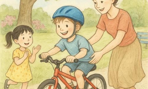 Un bambino di 6 anni dal viso rotondo e capelli castano chiaro spettinati, espressione gioiosa e concentrata, pedala con energia su una piccola bicicletta rossa lucida con casco blu ben allacciato; la madre (30–35 anni) con capelli castani raccolti in uno chignon sorride incoraggiante e tiene delicatamente la sella dietro di lui. Accanto, una bambina di 6 anni con coda di cavallo nera e vestito giallo a pois applaude correndo; più indietro un ragazzo di circa 8 anni con maglietta verde aspetta con la sua trotinetta sull'erba. Scena in un parco luminoso con ampia prato verde, un grande quercia al centro, sentiero di ghiaia chiara, cespugli fioriti rosa e una panchina azzurra; atmosfera dolce, sicura e dinamica, colori pastello vividi, linee nette a matita e acquerelli per ombre e luci.
