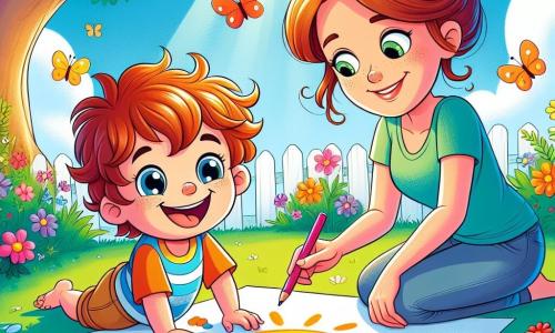 Un bambino di 2 anni, Leo, con i capelli castani disordinati e gli occhi brillanti di curiosità, è seduto sull'erba verde del giardino. Sorride gioiosamente mentre tiene dei pastelli colorati nelle sue piccole mani, pronto a disegnare un grande sole su un grande foglio bianco davanti a lui. Accanto a lui, sua madre, una donna di circa trent'anni con i capelli castani raccolti in uno chignon e una maglietta colorata, lo incoraggia con un sorriso caloroso, piegandosi leggermente verso di lui e tenendo un pastello in mano, pronta ad aiutarlo. Il giardino è pieno di fiori colorati, farfalle che volano e un grande albero ombreggiato con giocattoli sparsi. L'atmosfera è soleggiata e gioiosa, con un cielo blu chiaro sullo sfondo. Leo sta disegnando un sole splendente, mentre sua madre lo osserva con orgoglio, creando una scena piena di felicità e creatività estiva.