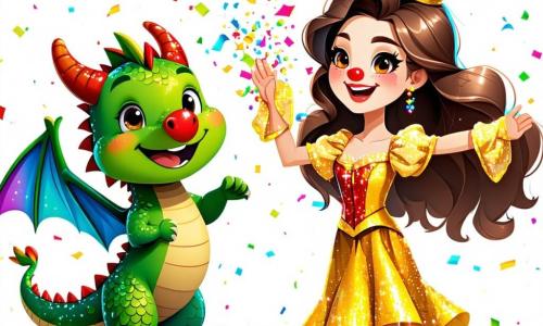 Um pequeno dragão chamado Lilo, com escamas brilhantes nas cores do arco-íris, flutua alegremente no ar com um grande sorriso, seus olhos brilhando de felicidade. Ele usa um nariz de palhaço vermelho que espalha confetes ao seu redor. Ao lado dele, a trapezista Estela, uma jovem graciosa com cabelos longos e ondulados, vestida com um traje cintilante de lantejoulas douradas, aplaude com entusiasmo, seus olhos brilhando de admiração. O cenário é uma grande tenda de circo colorida, com listras vermelhas e amarelas, cheia de luzes cintilantes e espectadores maravilhados, todos com expressões de alegria e excitação. No centro do palco, Lilo e Estela realizam uma performance mágica, onde bolhas de sabão flutuam ao redor deles, criando uma atmosfera mágica e encantadora.