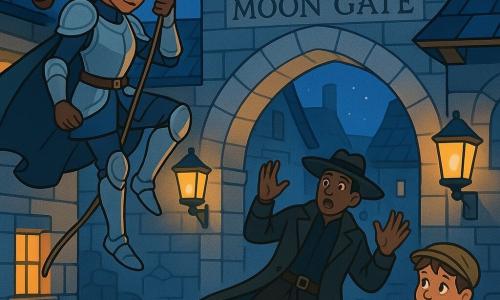 Knightess Liora (daughter), determined calm face, light blue-gray armor, storm-cloud cape, chestnut braid, descending by rope from a roof in a dynamic, focused pose; a taller conspirator (man ~30) in a dark coat and wide-brim hat, surprised, hands raised, falling near a pale stone Moon Gate arch; a young ale delivery boy (~10), curious, in simple stained clothes hidden behind a nearby barrel watching; medieval cobbled street under a starry sky, slate roofs, yellow lanterns casting warm light and sharp shadows; tense nighttime action, contrast between lantern glow and bluish night, bright colors, simple shapes, childlike vector style, clean lines and minimal textures.