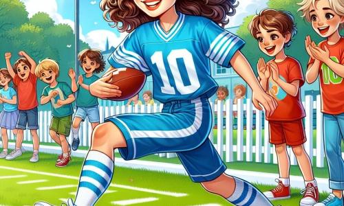 Im Mittelpunkt des Bildes steht Mia, eine junge Frau mit lockigem, braunem Haar, die ein blaues Fußballtrikot mit der Nummer 10 trägt. Sie lächelt strahlend vor Freude und Entschlossenheit, während sie den Fußball über das Spielfeld dribbelt. Rechts von ihr steht Ben, ein 10-jähriger Junge mit zerzausten blonden Haaren, der eine rote Shorts und weiße Turnschuhe trägt. Er applaudiert begeistert, seine Augen leuchten vor Bewunderung für seine beste Freundin. Im Hintergrund versammelt sich eine Gruppe von Kindern im Alter von 8 bis 12 Jahren am Spielfeldrand, alle in bunten T-Shirts gekleidet. Sie schauen Mia mit bewundernden Gesichtsausdrücken an, einige halten Fußbälle und andere schwenken kleine Fahnen. Der Ort ist ein grünes Fußballfeld, umgeben von weißen Zäunen und großen Bäumen, unter einem strahlend blauen Himmel mit einigen fluffigen weißen Wolken. Die Hauptsituation zeigt Mia in Aktion, wie sie den Ball geschickt dribbelt, während die Kinder sie anfeuern und eine Atmosphäre von Kameradschaft und Freude rund um das Spiel schaffen.