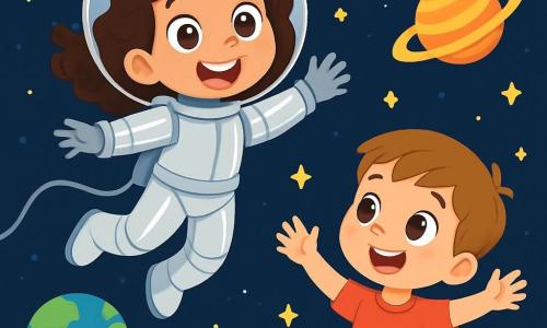 A young girl, Mia, is floating in space, wearing a shiny silver spacesuit. She has large sparkling brown eyes and curly hair floating around her. Her radiant smile shows her joy and wonder at the vastness of the universe. Next to her, a 7-year-old boy named Timmy, wearing a red t-shirt and blue shorts, looks at Mia with admiration, arms raised as if he wants to float in space too. He is surrounded by twinkling stars and colorful planets. The background features a deep starry sky, dotted with bright-colored planets, including a blue and green Earth in the distance, adding beauty to the scene. Mia and Timmy are on an adventure, imagining they are on a mission to explore the stars, surrounded by the brilliance of galaxies and the wonders of space.