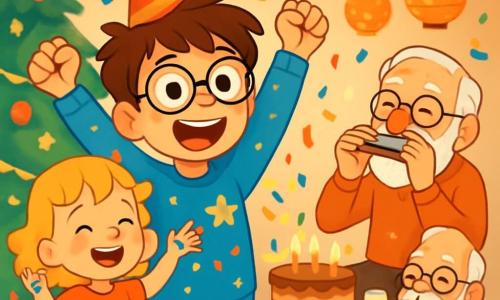An 8-year-old boy, Milo, with messy brown hair and round glasses, smiles joyfully, his eyes sparkling with excitement. He wears a blue sweater with golden stars and a paper party hat. Next to him, his 5-year-old sister Bea, a girl with curly blonde hair, dances with a big smile, holding confetti in her hands. Their grandfather, an elderly man with a white beard and glasses, plays the harmonica while sitting on a stool nearby. 

The scene takes place in a warm living room decorated with colorful garlands and twinkling lanterns, with a large Christmas tree in the background. Balloons float from the ceiling, and a table is filled with cakes and sparkling drinks. 

Milo, with a determined look, announces the countdown to the New Year, raising his arms in the air, while Bea and their grandfather cheer him on with smiles and applause. Confetti falls around them, creating a festive and joyful atmosphere.