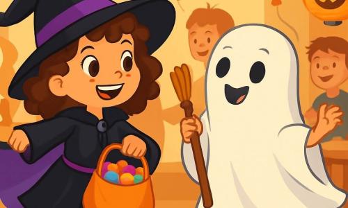O fetiță de 8 ani, Mara, cu părul creț brunet și ochi strălucitori de curiozitate, poartă o costum de mică vrăjitoare negru și violet, cu o capă mare care flutură. Ea zâmbește fericită, ținând o sacoșă plină cu bomboane colorate. Lângă ea, o altă fetiță de 8 ani, Sara, îmbrăcată în fantomă cu un cearșaf alb și ochi rotunzi, râde ținând un măturaș mic. Decorul este o sală de petrecere decorată pentru Halloween, cu ghirlande de lilieci din hârtie, baloane portocalii și negre și o masă mare plină de dulciuri precum mere caramelizate și prăjituri în formă de monștri. Situația principală arată cum Mara și Sara dansează și se distrează cu alți copii, toți zâmbind, într-o atmosferă festivă și călduroasă, iluminată de felinare în formă de dovleac care proiectează o lumină blândă și prietenoasă.