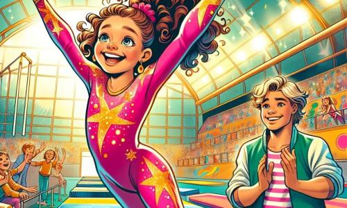 Una ragazza di 10 anni, Sofia, con i capelli castani ricci e gli occhi scintillanti di gioia, sta eseguendo un salto acrobatico in una palestra. Indossa un body rosa vivo con stelle dorate, e il suo viso esprime una determinazione splendente. Accanto a lei, Marco, un ragazzo di 10 anni con i capelli biondi disordinati e un sorriso malizioso, la incoraggia alzando le braccia, pronto ad applaudire. La palestra è ampia, con tappeti colorati, barre parallele e specchi che riflettono l'energia dell'allenamento. Sofia e Marco sono al centro dell'immagine, circondati da compagni che li guardano con ammirazione, mentre raggi di luce filtrano dalle finestre, illuminando la scena con un'atmosfera calda e dinamica.