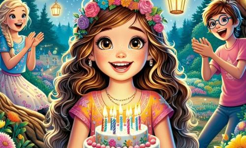 En el centro de la imagen, una niña de 10 años llamada Sofía, con largos cabellos rizados y ojos brillantes de color avellana, sonríe con asombro. Lleva un vestido colorido decorado con motivos de flores y sostiene un pequeño pastel de cumpleaños decorado con velas centelleantes en sus manos. A su lado, dos amigos: Emma, una niña de 9 años con trenzas rubias y una camiseta rosa, que aplaude alegremente, y Lucas, un niño de 10 años con gafas y una camiseta azul, que ríe sosteniendo un globo en forma de estrella. El fondo es un claro de bosque mágico, lleno de flores multicolores y grandes árboles con troncos retorcidos. Linternas flotantes iluminan el espacio, y un arcoíris centelleante conecta el mundo mágico con un parque al fondo. La escena principal muestra a Sofía, rodeada de sus amigos, soplando las velas de su pastel de cumpleaños, mientras pequeños duendes bailan a su alrededor, creando un ambiente festivo y encantado.
