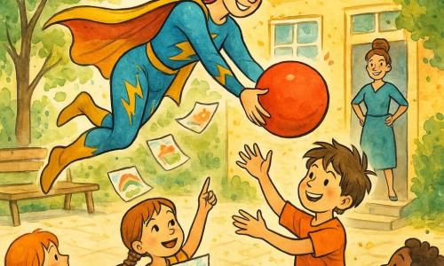 Eine lächelnde, energiegeladene und beruhigende Heldin in glänzendem blauem Kostüm mit gelben Blitzmustern, Regenbogenhaare im Wind, reicht vom Schuldach einen großen roten Ballon an ein Kind; ein etwa 7‑jähriger Junge (Emil) mit zerzausten braunen Haaren, glücklichem und erleichtertem Gesicht, Arme ausgestreckt, steht im sonnigen Schulhof nahe einer Holzbank; ein etwa 6‑jähriges Mädchen (Mia) mit zwei Zöpfen und gepunktetem Kleid, staunendem Blick, hält eine bunte Zeichnung und zeigt vom Kreis der Kinder zum Dach; eine lächelnde Lehrerin mit Dutt und Händen in den Hüften sieht von der Schuleingangstür zu; heller gepflasterter Hof, grüne Bäume mit bewegten Blättern, Holzbanken, einige bunte Papierzeichnungen treiben sanft in der Luft; Hauptsituation: die Supermama steigt leicht vom Dach, um Emil den Ballon zu geben, die Kinder klatschen, fröhliche und sichere Stimmung, leuchtende Farben, weiche Tuschelinien und Aquarellverwaschung.