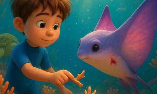 An 8-year-old boy, brave and wide-eyed, round face with freckles and tousled brown hair, wearing a small blue wetsuit, holds a smooth stick and reaches out to remove a sharp piece of coral with a focused, gentle expression; a large colorful marine kite—a living kite-shaped creature with wide pearlescent purple and pink wings and soft black eyes—is injured near a rock and turns slightly toward the boy in gratitude; an old wise sea turtle with a green shell and ochre patterns swims calmly in the background left, watching kindly; the setting is a bright underwater reef with orange, pink and turquoise fan corals, swaying seagrass, schools of small silver fish, golden light rays filtering from the surface and rising bubbles; main action centered on the boy gently freeing the kite from the coral, slow precise movements and rising sand creating a warm, magical atmosphere.
