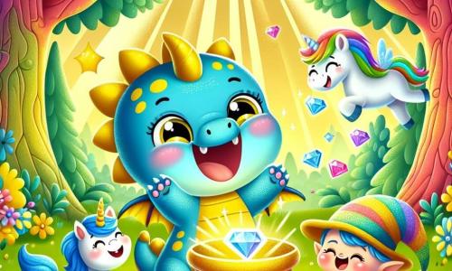 Ilustración que representa a un pequeño dragón azul con manchas amarillas, ojos chispeantes de malicia y una amplia sonrisa, saltando de alegría en un claro del bosque. Junto a él, un unicornio con un cuerno torcido y crines multicolores, que muestra una expresión de asombro, levantando una pata delantera como si estuviera listo para bailar. Un poco más lejos, un pequeño elfo con un sombrero demasiado grande para él, riendo mientras intenta atrapar su propio sombrero que vuela con el viento. El lugar principal es un claro soleado, rodeado de árboles con troncos coloridos y hojas en forma de corazón, con flores brillantes de todos los colores que bailan al ritmo de una suave brisa. La situación principal muestra al dragón y sus amigos descubriendo una gran caja dorada brillante en el centro del claro, rodeada de piedras preciosas que brillan como estrellas. Burbujas de colores flotan a su alrededor, añadiendo un toque de magia, mientras que los rayos de sol se filtran a través de las ramas, iluminando la escena con una luz cálida y alegre.