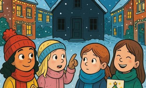 Er zijn 4 kinderen: - Een meisje genaamd Noor, 8 jaar oud, draagt een grote rode sjaal en een grote pompon op haar hoofd, ze houdt een doos stervormige koekjes vast. - Een meisje genaamd Lotte, 8 jaar oud, heeft blond haar en draagt wanten met een klein gaatje, ze wijst naar het huis voor haar. - Een meisje genaamd Mila, 8 jaar oud, heeft een blauwe sjaal en rode wangen van de kou, ze kijkt nieuwsgierig naar het huis. - Een meisje genaamd Sara, 8 jaar oud, heeft bruin haar en glimlacht met haar ogen, ze houdt een kleurrijke wenskaart vast. De locatie is een met sneeuw bedekte straat, omzoomd met huizen versierd met fonkelende kerstverlichting. Het huis in het midden van de afbeelding is donker en zonder decoratie, in contrast met de andere verlichte huizen. De hoofdsituatie toont de vier meisjes die voor het donkere huis van meneer Daan staan, kerstkoekjes en een wenskaart aanbieden. De sfeer is warm ondanks de kou, met sneeuwvlokken die zachtjes om hen heen vallen en kerstverlichting die de scène verlicht.