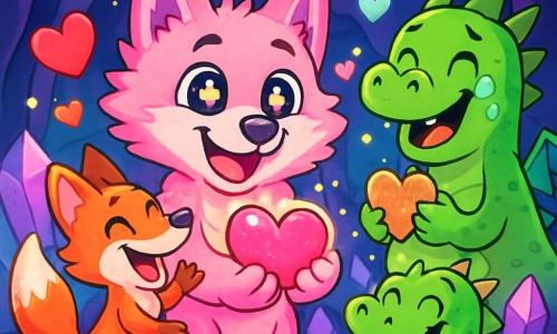 A young wolf named Wally, with fluffy marshmallow-pink fur and starry bright eyes, smiles joyfully while holding a sparkling enchanted heart in his paws. Beside him, a playful fox named Fern, with bright orange fur and a bushy tail, jumps for joy, her eyes sparkling with happiness. In the background, the scene takes place in the Shimmering Cave, filled with sparkling crystals and glowing fireflies dancing in the air, creating a magical atmosphere. Colorful hearts float around them, while a friendly dragon, with green scales and tears of joy on his face, watches them with a big smile, holding a heart-shaped cookie. The main scene shows Wally and Fern celebrating their victory in the heart hunt, surrounded by a festive atmosphere where friendship and Valentine's joy light up the scene.