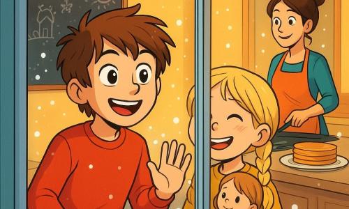 Een 10-jarig jongetje, Lucas, met warrig kastanjebruin haar en nieuwsgierige ogen, staat voor een beslagen raam. Hij draagt een felrode trui en een spijkerbroek, zijn gezicht straalt van verwondering en vreugde terwijl hij de zacht vallende sneeuwvlokken bewondert. Naast hem staat zijn 6-jarige zusje Noor, met blonde vlechten en een stralende glimlach, die haar neus tegen het glas drukt, met rozige wangen van de kou en een pop in haar armen. Hun moeder, een glimlachende vrouw met bruin haar in een knot, is in de achtergrond in de keuken bezig met het maken van pannenkoeken, terwijl een zoete chocoladelucht in de lucht hangt. De scène speelt zich af in een warme gezinskeuken, met pastelgele muren, een groot schoolbord vol kindertekeningen en zachtjes twinkelende lichtslingers. Lucas en Noor kijken verwonderd naar de sneeuwvlokken die de tuin bedekken, waardoor de buitenwereld in een feeëriek landschap verandert, terwijl het gouden licht van de keuken een warme en uitnodigende sfeer creëert, in contrast met de winterkou buiten.