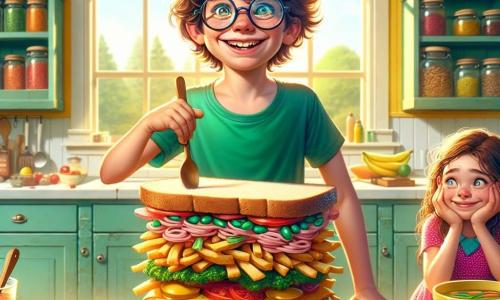 Um menino de 8 anos, chamado Joãozinho, com cabelos castanhos bagunçados e óculos redondos, está em pé diante de uma imensa mesa de cozinha. Seu rosto brilha com um sorriso entusiasmado e seus olhos refletem determinação. Ele usa uma camiseta verde vibrante e um short azul, segurando um grande sanduíche colorido, cheio de ingredientes estranhos, com uma mão. Ao lado dele, sua irmãzinha, Maria, de 6 anos, com cabelos longos e cacheados, veste um vestido rosa de bolinhas. Ela observa o sanduíche com olhos arregalados, fascinada pela criação do irmão, segurando uma colher de pau, pronta para ajudar. A cena ocorre em uma cozinha iluminada e acolhedora, com paredes amarelas e janelas abertas que deixam entrar a luz do sol. Frascos de especiarias coloridas e frutas frescas estão dispostos sobre a bancada, trazendo um toque de alegria ao ambiente. Joãozinho está montando o maior sanduíche do mundo, empilhando camadas de batata frita, sorvete de feijão e geléia de chiclete, enquanto risadas e gritos alegres ecoam no ambiente, criando uma atmosfera de desafio e diversão.