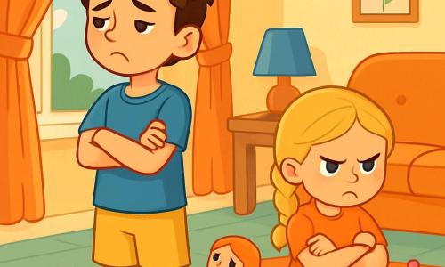 Un băiat de 10 ani, pe nume Alex, cu ochi strălucitori și păr castaniu ușor dezordonat, se uită gânditor pe fereastră, fața lui exprimând o profundă tristețe. Poartă un tricou albastru și o pereche de pantaloni scurți galbeni, cu brațele încrucișate pe piept. Lângă el, surioara lui Elena, în vârstă de 7 ani, cu părul blond împletit și o privire supărată, stă pe covor, cu brațele încrucișate și sprâncenele încruntate, jucându-se cu o păpușă pe care pare să o ignore. Scena are loc în sufrageria lor călduroasă, decorată cu pereți în culori pastelate, un canapea confortabilă și jucării împrăștiate pe podea. Lumina soarelui pătrunde prin perdele, creând o atmosferă blândă, dar melancolică. Situația principală îl arată pe Alex, îngrijorat de atmosfera tensionată din casă, căutând o soluție pentru a aduce bucuria în familia lor.