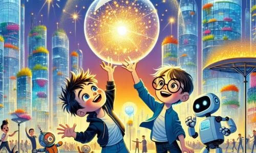 Un niño de 11 años, Lucas, con el cabello despeinado y ojos llenos de curiosidad, se encuentra en el centro de la imagen, sonriendo maravillado mientras toca una esfera brillante que emite destellos de luz. A su derecha, su mejor amigo Tomas, también de 11 años, con cabello castaño y gafas redondas, observa emocionado, con los brazos levantados en señal de victoria, mientras un robot amistoso, con una cara sonriente y brazos articulados, los observa con interés. El escenario es una ciudad futurista, Neotropolis, con edificios de vidrio reluciente adornados con jardines verticales coloridos y paneles solares brillantes. Drones y vehículos flotantes se deslizan silenciosamente por el aire, añadiendo un toque mágico al entorno. Lucas y Tomas, asombrados, descubren la esfera misteriosa que los ha transportado a esta increíble ciudad, listos para vivir una aventura inolvidable.
