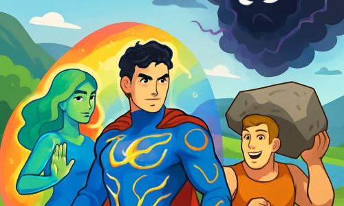 Mężczyzna, Pulsarion, stoi w centrum obrazu, z lekko kręconymi czarnymi włosami i stalowoniebieskimi oczami, wyrażając determinację i odwagę. Nosi błyszczący kostium superbohatera z pulsującymi wzorami energii, które zdają się wibrować wokół niego. Po jego prawej stronie stoi kobieta, Chromatica, w wieku około 28 lat, której skóra zmienia kolor w zależności od światła, przechodząc od zielonego do niebieskiego, tworząc pole kolorów wokół nich, aby ukryć ich pozycję. Po jego lewej stronie stoi mężczyzna, Tytan, w wieku około 30 lat, umięśniony i uśmiechnięty, trzymający dużą skałę gotową do użycia jako tarcza, pokazując swoje poczucie humoru nawet w napiętej sytuacji. Tło to zielona dolina, z bujnymi wzgórzami, jasnoniebieskim niebem usłanym białymi chmurami i lśniącym jeziorem w tle. W oddali zbliża się groźna czarna chmura, wypełniona ciemną energią, tworząc atmosferę napięcia i nadchodzącego niebezpieczeństwa. Główna sytuacja pokazuje Pulsariona i jego przyjaciół przygotowujących się do stawienia czoła Onyxowi, superzłoczyńcy, który emanuje aurą zagrożenia, podczas gdy łączą siły, aby chronić swoje schronienie.
