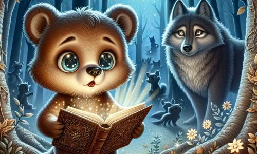 Ilustración que representa a un joven oso curioso, con pelaje marrón y ojos brillantes de emoción, que sostiene un libro antiguo abierto frente a él. Parece asombrado y ligeramente inquieto, con las orejas erguidas y la boca entreabierta, como si hubiera descubierto un secreto increíble. A su lado, un lobo majestuoso, con pelaje gris plateado y ojos brillantes, observa atentamente el libro. Su expresión es tanto intrigante como melancólica, como si recordara recuerdos lejanos. Se mantiene ligeramente al margen, listo para escuchar al oso. El lugar principal es un claro encantado, bañado por la luz de la luna, rodeado de árboles con troncos retorcidos y flores luminosas que parecen bailar al viento. El suelo está cubierto de hojas doradas, y una ligera niebla flota a su alrededor, añadiendo un toque de misterio a la atmósfera. La situación principal muestra al oso y al lobo descubriendo juntos el libro antiguo, sumergidos en una historia aterradora que cobra vida a su alrededor. Sombras bailan entre los árboles, y siluetas misteriosas parecen observarlos, creando una atmósfera cautivadora y ligeramente inquietante. Otros elementos gráficos incluyen estrellas centelleantes en el cielo nocturno, destellos de luz que emanan del libro, y siluetas de animales curiosos que se esconden detrás de los árboles, listos para escuchar las historias que se desarrollan en este claro mágico.
