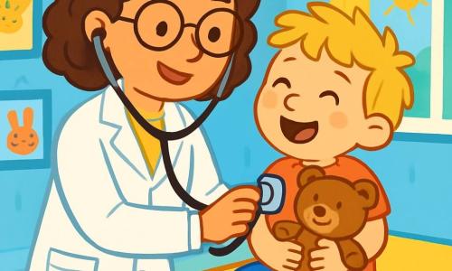 Een glimlachende dokter, dokter Lotta, is een vrouw van ongeveer dertig jaar met krullend bruin haar en ronde bril. Ze draagt een stralend witte doktersjas en een stethoscoop om haar nek, terwijl ze aandachtig het hart van een klein jongetje beluistert. Het jongetje, 5 jaar oud, heeft rommelig blond haar en een blije uitstraling. Hij zit op een onderzoekstafel en houdt een knuffelbeer vast. De ruimte is een lichte en kleurrijke ziekenhuiskamer, met pastelblauwe muren en tekeningen van glimlachende dieren. Speelgoed ligt verspreid over de vloer en een groot raam laat zonlicht binnen. De belangrijkste situatie toont dokter Lotta die het jongetje geruststelt, terwijl ze hem teder glimlacht en hij lacht terwijl hij zijn hartslag hoort.